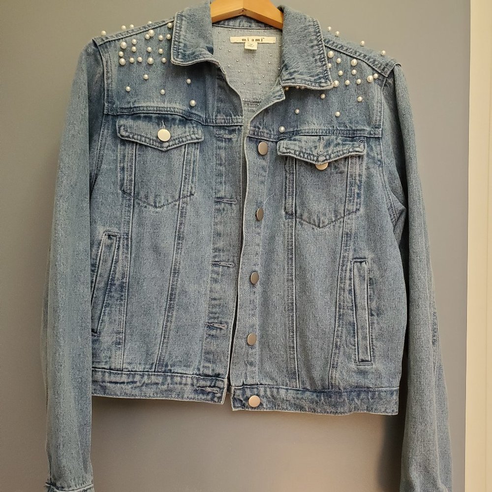 denim jean jacket with pearls